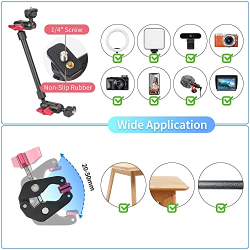13"/34cm Magic Arm w Clamp, Camera Mount & Clamp w 1/4" 3/8" Threads and Articulating Friction Magic Arm, Overhead Phone Mount, Camera Boom Arm Mount for Light Webcam Mic Action Camera Monitor - size: 13IN-RB