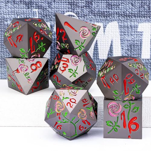 Gothic DND Dice Set Bleeding Rose Metal D and D Dice for use with Dungeons Dragons D&D Role Playing Game, Purple Red RPG Blood Polyhedral Dice Set D20 D12 D10 D8 D6 D4 - color: Purple Red&black&red Numbers