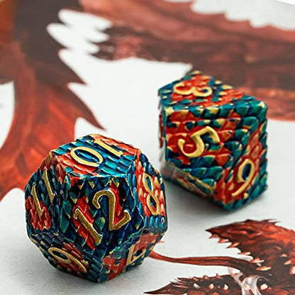 UDIXI Metal Dice Set, Dragon Scale D&D Metal DND Dice with Dice Box for Role Playing Games and Other Tabletop Game (Blue with Orange) - color: Dragon Scale-orange and Blue