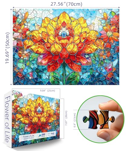 MINIWAN 1000 Piece Stained Glass Lotus Flower Jigsaw Puzzle | 27.5"x19.7", Letters on Back, Reference Poster, For Adults & Seniors - color: Flower of Life