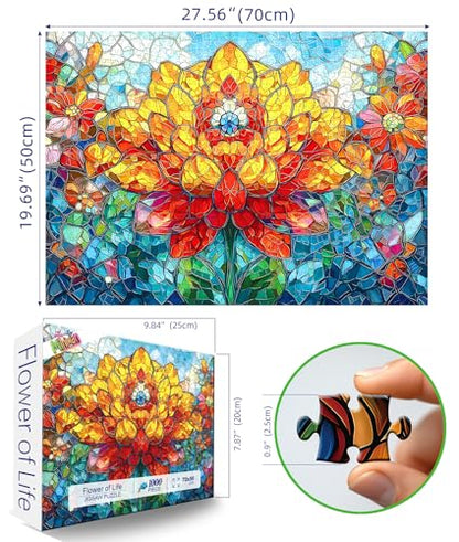MINIWAN 1000 Piece Stained Glass Lotus Flower Jigsaw Puzzle | 27.5"x19.7", Letters on Back, Reference Poster, For Adults & Seniors - color: Flower of Life