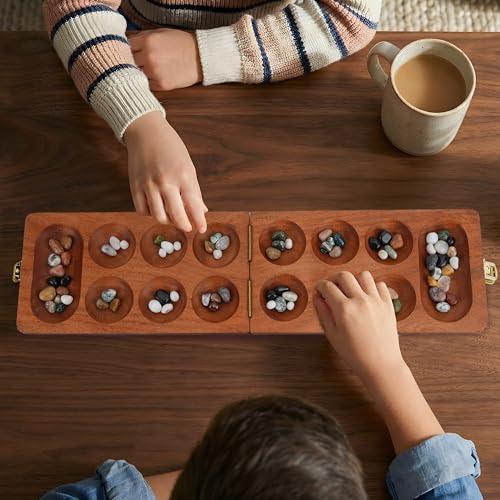 Ajuny Wooden Mancala Board Game Folding Travel Set with 80 Marbles 2 Player | Classic Counting Strategy Activity for Kids Adults Families Portable Entertainment Educational Tabletop Indoor Fun Night Play - size: 9.5 Inch