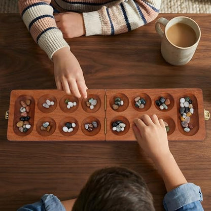 Ajuny Wooden Mancala Board Game Folding Travel Set with 80 Marbles 2 Player | Classic Counting Strategy Activity for Kids Adults Families Portable Entertainment Educational Tabletop Indoor Fun Night Play - size: 9.5 Inch