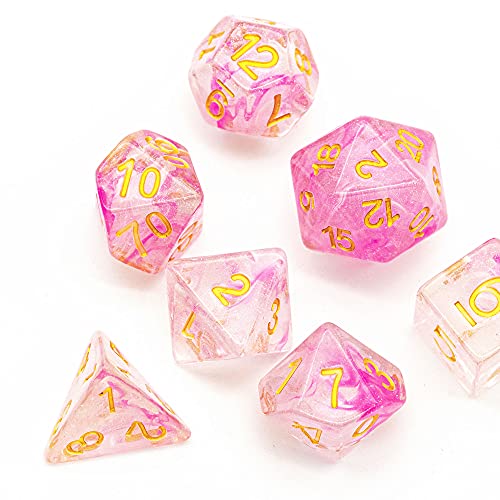 UDIXI 7PCS Glitter DND Dice Set Resin RPG Polyhedral Dice Set for D&D | Pink & White Swirl, Gold Number, Velvet Dice Bag Packaging, for Dungeons and Dragons Role Playing Games and Tabletop Games - color: Pink White