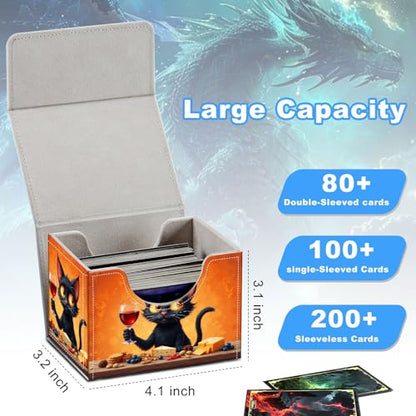 Cat Drinking Wine Deck Box for MTG Commander | Holds 100+ Double-Sleeved Cards | Strong Magnetic TCG Card Case for Collectible Games - color: Cat Drinking Wine