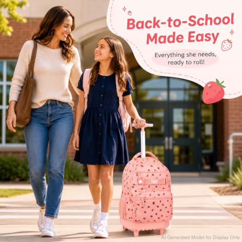 3Pcs Rolling Backpack for Girls Women, Travel Roller Backpacks with Wheels for Adults, Teens College Strawberry Wheeled Bookbag with Lunch Box (Pink) - color: Strawberry Pink