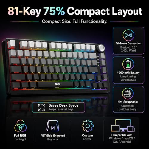 AOC GK330 75% Wireless Mechanical Gaming Keyboard, Hot-Swappable 3-Mode RGB | BT/2.4GHz/USB-C Connectivity, Pre-Lubed Reaper Switches, Anti-Ghosting, Gasket Mount and 5-Layer Sound-Dampening Padding