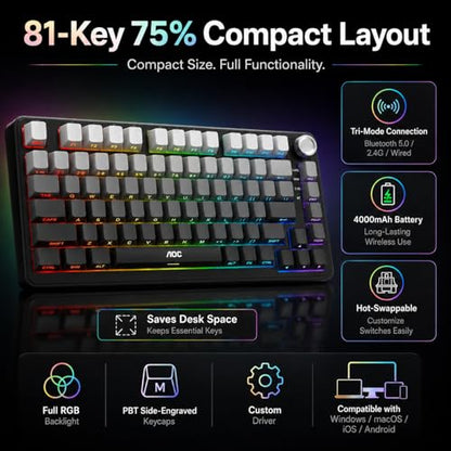 AOC GK330 75% Wireless Mechanical Gaming Keyboard, Hot-Swappable 3-Mode RGB | BT/2.4GHz/USB-C Connectivity, Pre-Lubed Reaper Switches, Anti-Ghosting, Gasket Mount and 5-Layer Sound-Dampening Padding