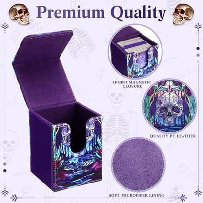 Leather Card Deck Case Compatible with MTG Cards Holds 120+ Trading Cards Strong Magnet Storage Card Box with 2 Dividers Compatible with TCG CCG(Purple,Vertical Skull) - color: Purple, style: Vertical Skull