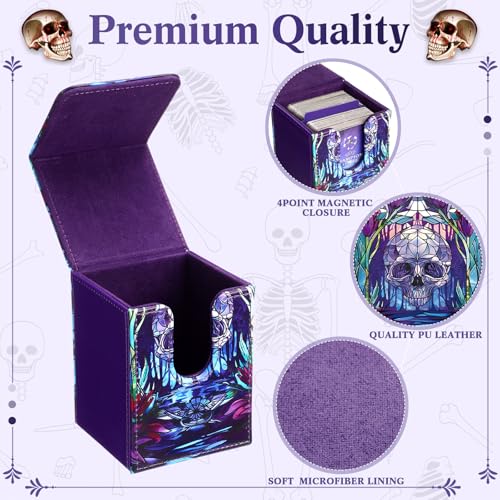 Leather Card Deck Case Compatible with MTG Cards Holds 120+ Trading Cards Strong Magnet Storage Card Box with 2 Dividers Compatible with TCG CCG(Purple,Vertical Skull) - color: Purple, style: Vertical Skull