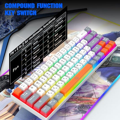 Snpurdiri 60% Percent Gaming Keyboard (68 Keys, White-Grey-Orange) | Ergonomic Compact RGB Backlit Small Gaming Keyboard for Windows, PC, Laptop - color: White Grey Orange