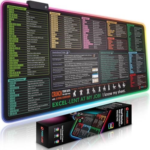 Excel Cheat Sheet LED Desk Pad | Excel Shortcut Keys Mouse Pad - Colorful RGB Luminous Extended Large Gaming Mousepad| PC Office Spreadsheet Keyboard Mat| Non-Slip Stitched Edge Desk Mat - color: Excel Shortcuts, size: 31.5L x 13.8W inches