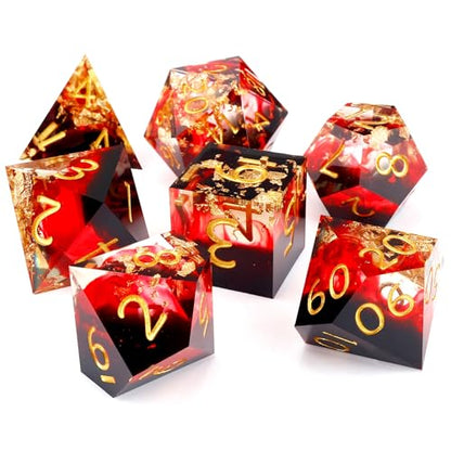 Haxtec Volcano Landscape DND Dice Set Sharp Edge Resin Polyhedral Dice, Lava &D Dice with Metal Case, Handmade Gold Flake Inside Dice Set for Dungeons and Dragons TTRPG, Red Black Gold DND Gift - color: Black Red