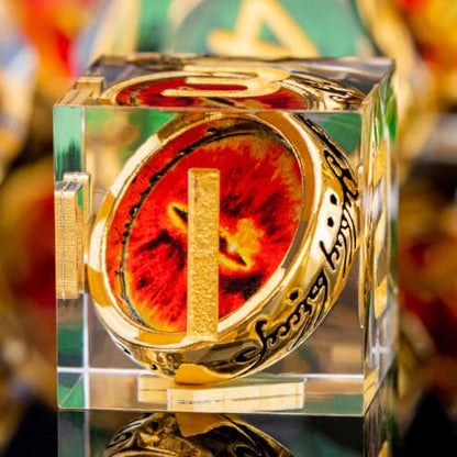 Magic Golden Ring DND Dice Set Sharp Edge Red Gaze Eye Resin Dice with Box, for use with RPG D&D Tabletop Games Lord D and D Polyhedral Dice Set - color: Ring -Eye-golden Numbers
