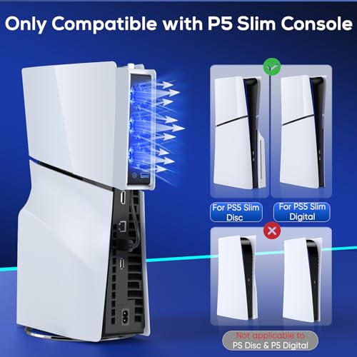 FASTSNAIL Cooling Fan wih LED Light for PS5 Slim Disc/Digital Console | Efficient Cooling with 3 Fan, Auto Power On/Off, Adjustable Speed, USB3.0 Port & LED Light, Silent Cooler System for PS5 Slim - color: White/Black