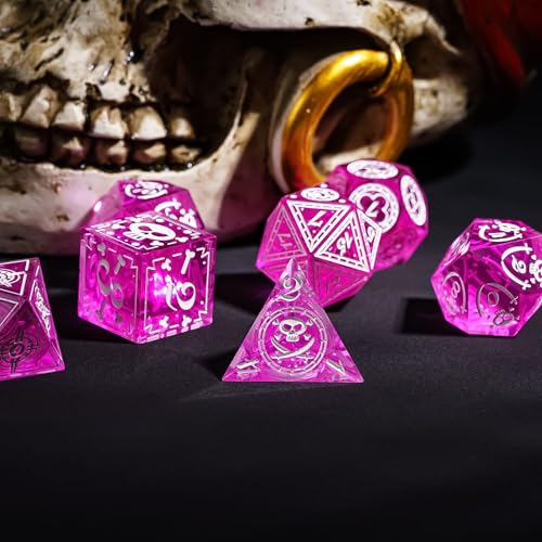 Cusdie 7-Piece Sharp Edges DND Dice Set with Pirate Design - Perfect for Tabletop RPGs Board Games Gifting and Collecting(Rose Red w/White Pirate Pattern) - color: Rose Red W/White Pirate Pattern