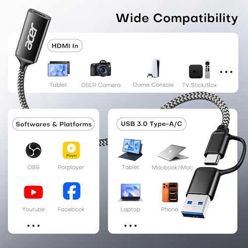 acer Capture Card for Streaming, HDMI to USB 3.0 1080P 60FPS Video Capture | Plug and Play with Type-C & Type-A Ports, Compatible with iPad, macOS, Windows, Switch2, PS5/4, Quest3, Camera, OBS, Xbox
