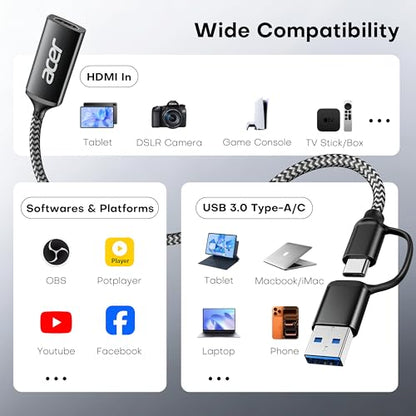 acer Capture Card for Streaming, HDMI to USB 3.0 1080P 60FPS Video Capture | Plug and Play with Type-C & Type-A Ports, Compatible with iPad, macOS, Windows, Switch2, PS5/4, Quest3, Camera, OBS, Xbox
