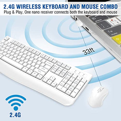 Wireless Keyboard and Mouse Combo, EDJO Full-Sized Ergonomic Computer Keyboard with Wrist Rest and 3 Level DPI Adjustable Wireless Mouse for Windows, Mac OS Desktop/Laptop/PC (White) - color: White