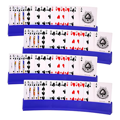 (Set of 4) Playing Card Holder for Kids Seniors, Domino Holder, Plastic Hands Free Cards Holders for Canasta, Poker Parties, Dominoes (Blue) - color: Blue