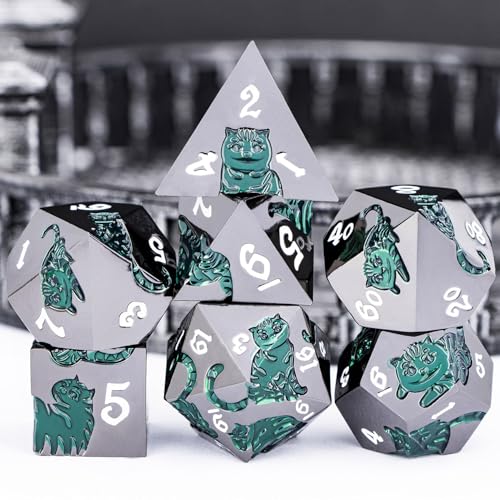 Metal DND Cat Dice 7PCS Polyhedral RPG Dice Set with Gift Case for Dungeons Dragons Role Playing Game, D and D Dice D6 D8 D10 D12 D20 D% (Green Black) - color: Cat-black Green