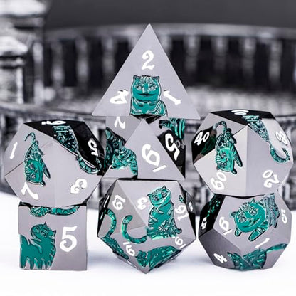 Metal DND Cat Dice 7PCS Polyhedral RPG Dice Set with Gift Case for Dungeons Dragons Role Playing Game, D and D Dice D6 D8 D10 D12 D20 D% (Green Black) - color: Cat-black Green