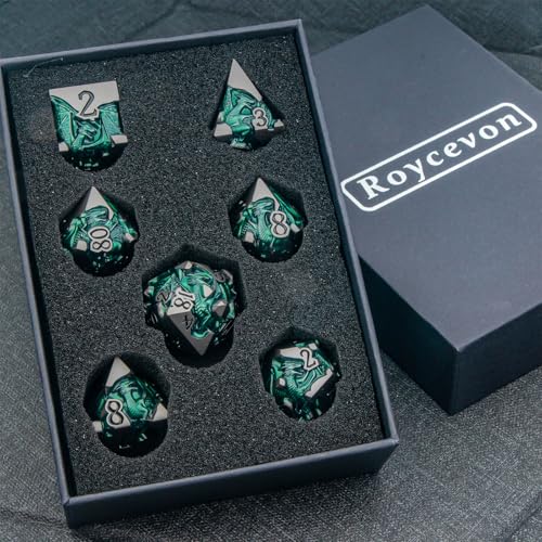 Roycevon Relief Dragon DND Dice Set for Role Playing Game, 7Pcs Metal D&D Dice Set Dungeons Dragons with Gift Box, Polyhedral D and D Dice D20 D12 D10 D8 D6 D4, Green and Black - color: Green and Black
