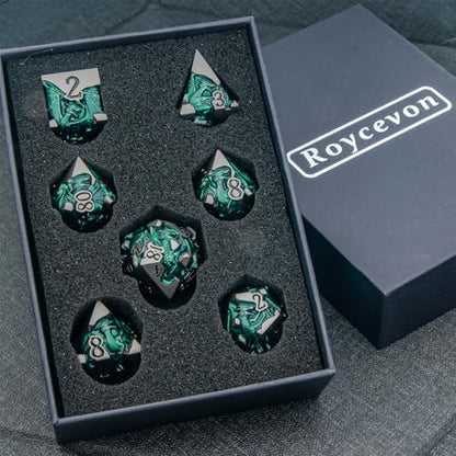 Roycevon Relief Dragon DND Dice Set for Role Playing Game, 7Pcs Metal D&D Dice Set Dungeons Dragons with Gift Box, Polyhedral D and D Dice D20 D12 D10 D8 D6 D4, Green and Black - color: Green and Black
