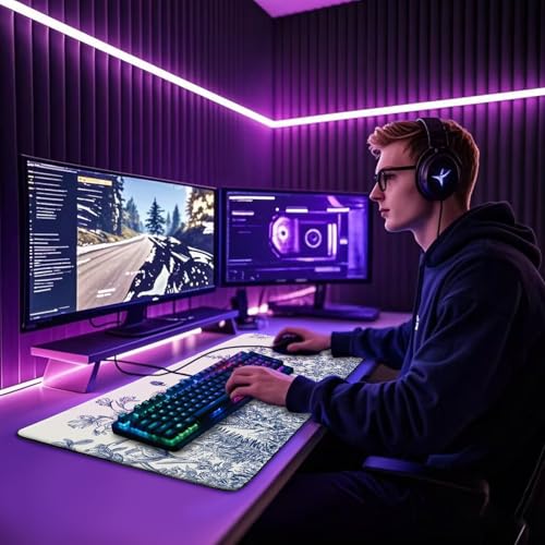 Blue Floral Large Gaming Mouse Pad Desk Mat 31.5"x15.7" Non Slip | Extended Mousepad, Non-Slip Rubber Base , Stitched Edges, for Computer/Laptop/Office/Home - color: Narcissus