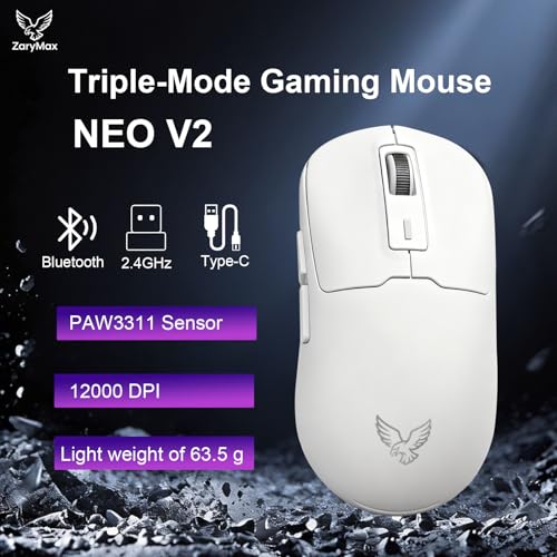 NEO V2 Tri-Mode Wireless Gaming Mouse, 55g Ultra-Lightweight, PAW3311 Sensor 12000 DPI, Bluetooth 5.0 2.4G USB-C Wired, RGB Backlit, 6 Buttons, 400mAh Rechargeable Ergonomic Mouse for PC Mac (White) - color: White