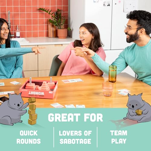 Exploding Kittens Hand to Hand Wombat, 3-6 Players, Age 7+ | Build towers with your eyes closed, spot the secret saboteurs, and vote out the Wicked Wombats before they wreck it all!