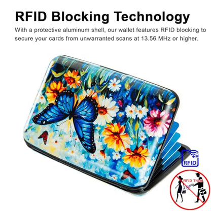 Credit Card Holder Small RFID Blocking Wallet Business Metal Slim Mini Aluminum Hard Case for Women Men - color: Blue Butterfly Daisies