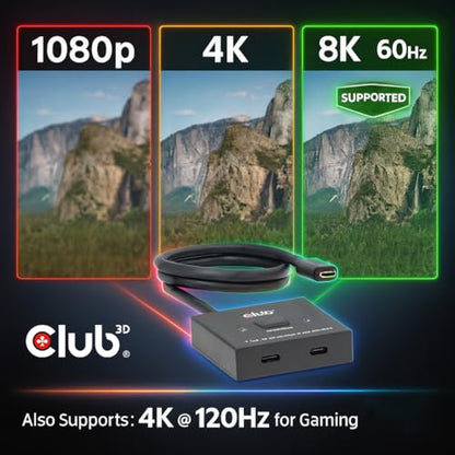 Club 3D CSV-2511 USB-C Bi-Directional Video 8k 60Hz+ Data + PD Switch |