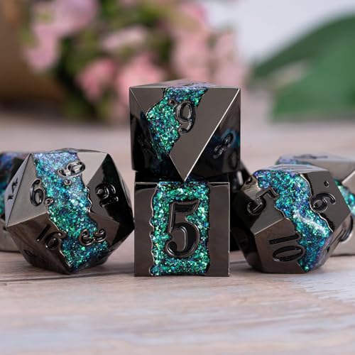 Metal Polyhedral Dice Set, 7PCS RPG Dice with Galaxy Glitter Resin Inlay for Dungeons and Dragons, Pathfinder Tabletop Role Playing Games - color: Black Nickel Dark Green