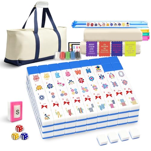 Deluxe American Mahjong Tile Set, 166 Unique Designer Tiles, Blue | Complete game kit with 4 pcs shuffler cards, 4 all-in-one racks/pushers and custom premium travel bag for family game night. - color: Blue