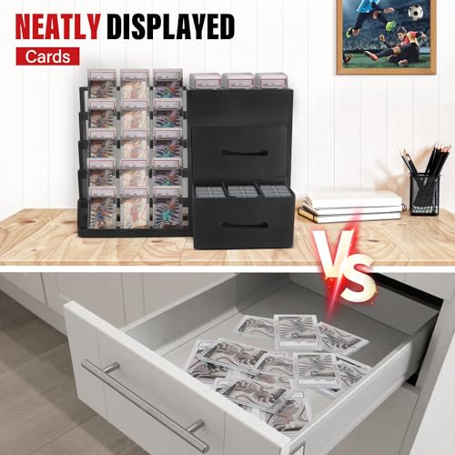 5-Tier Trading Card Display Stand,Large Card Display Case with 2 Drawers & 9 Compartments,Wooden Graded Sports Card Display Holds 200+ PSA/BGS/SGC Slabs to Showcase and Protect Your Collection - size: 24*6.7*16.1in