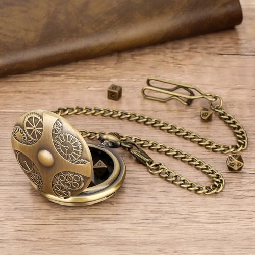 Mini DND Dice Set with Bronze Steampunk Gear Pocket Watch Shell Case, 7pcs Polyhedral Metal DND Dice Set, D&D Gifts with Gift Box, Role Playing Board Games DND Accessories - color: Gear