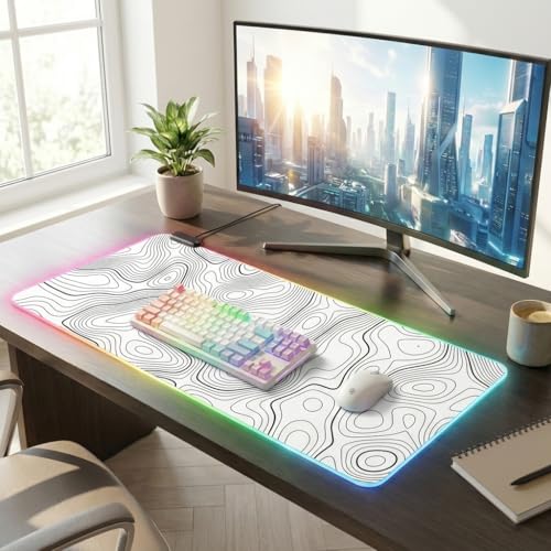 RGB Mouse Pad LED Desk Mat Large Gaming Mousepad White with Black Topographic Line Design, Keyboard Pad XL Mouse Mat for Home and Office(White with Black Topographic Line) - color: White With Black Topographic Line Mousepad With Led Large Mousepad