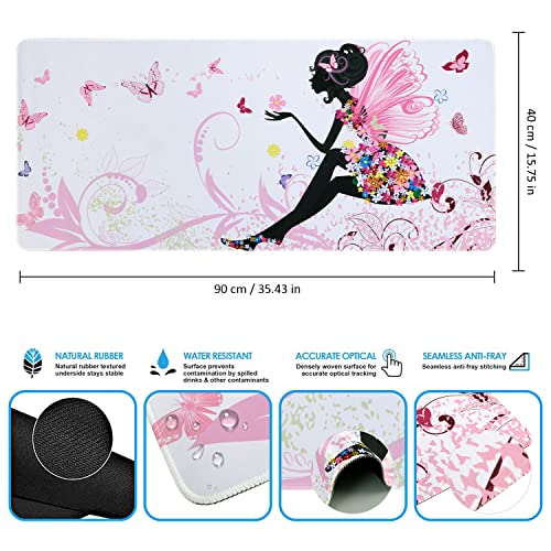 iCasso Extended Gaming Mouse Pad 35.4x15.7in,Game,Home,Butterfly Girl | Non-Slip Rubber Base Mousepad with Stitched Edges,Waterproof Keyboard Mouse Mat Desk Pad for Work Office - color: Butterfly Girl