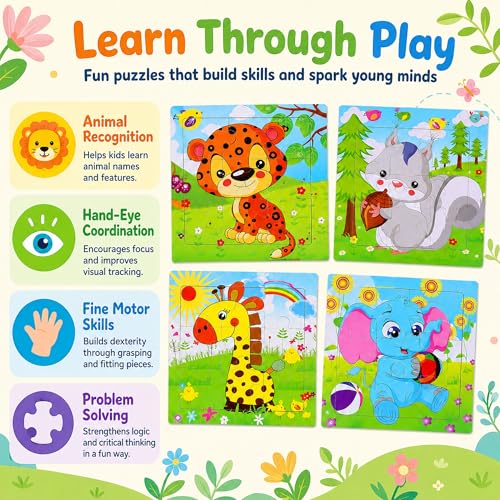 NASHRIO Wooden Puzzles for Toddlers Age 3-5, 8 Pack Animal and Dinosaur Jigsaw Puzzles, Preschool Educational Toys, Wooden Puzzle Set for Boys Girls Kids Age 3 4 5 - color: Animal & Dinosaur Puzzle Set