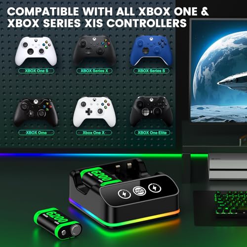 DXKK Xbox One Battery & Charger Sets - 4X 6200mWh Rechargeable Battery Pack with Touch Control LED Light for Xbox One/Series X|S Controllers, Black, L - color: Black with RGB, size: L-4 Pack 6620mWh