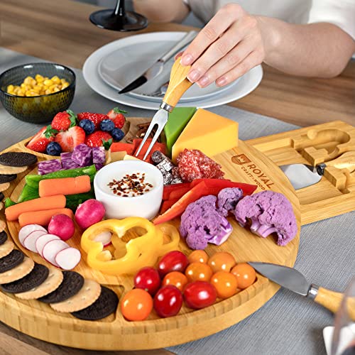 ROYAL CRAFT WOOD Bamboo Cheese Large Round Board and Knife Set with Charcuterie Board & Serving Tray Non - Expandable - style: 2-3 Guests