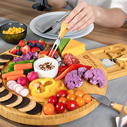 ROYAL CRAFT WOOD Bamboo Cheese Large Round Board and Knife Set with Charcuterie Board & Serving Tray Non - Expandable - style: 2-3 Guests