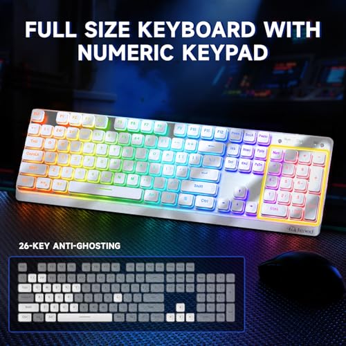 Free wolf M104 Wireless Gaming Keyboard with Numeric Keypad Tri-Mode(2.4Ghz/Wired/Bluetooth) Membrane Full Size Mechanical Feel Metal Panel RGB 4000MAH Rechargeable Quiet for PC/MAC/Win Gamer-White - color: White
