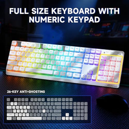 Free wolf M104 Wireless Gaming Keyboard with Numeric Keypad Tri-Mode(2.4Ghz/Wired/Bluetooth) Membrane Full Size Mechanical Feel Metal Panel RGB 4000MAH Rechargeable Quiet for PC/MAC/Win Gamer-White - color: White