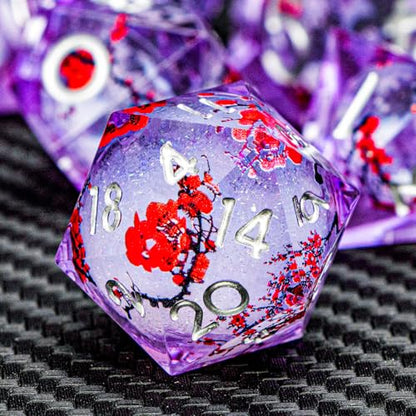 ARUOHHA DND Resin Dice Plum Blossom Liquid Core Silver Purple Sharp Edged Polyhedral Dragons Dice Set with Gift Box, Dungeons D and D Dice Compatible with D&D Role Playing Game D20 D12 D8 D6 D4 - color: Flower&purple White-1