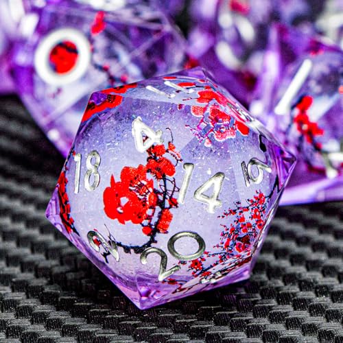 ARUOHHA DND Resin Dice Plum Blossom Liquid Core Silver Purple Sharp Edged Polyhedral Dragons Dice Set with Gift Box, Dungeons D and D Dice Compatible with D&D Role Playing Game D20 D12 D8 D6 D4 - color: Flower&purple White-1