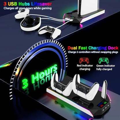 PS5 Stand and Cooling Station with RGB Controller Charging Station for PlayStation 5 Console, PS5/Slim/Pro Controller Charger, PS5 Cooling Stand, PS5/Slim/Pro Accessories Kit with 3 Level Cooler Fan - color: RGB-Black