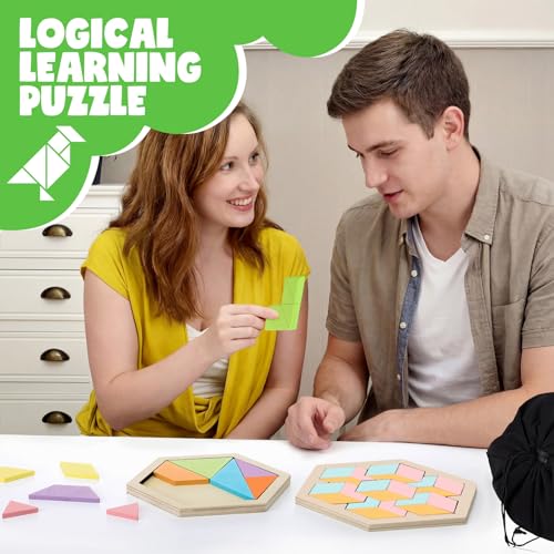 Yunsailing 3 Pack Large Wooden Blocks Puzzles Hexagon Tangram Puzzle Wooden Russian Brain Puzzles for Adult Challenge Teasers Geometric Jigsaw Logic Iq STEM Educational Gift Graduation(Fresh) - style: Fresh