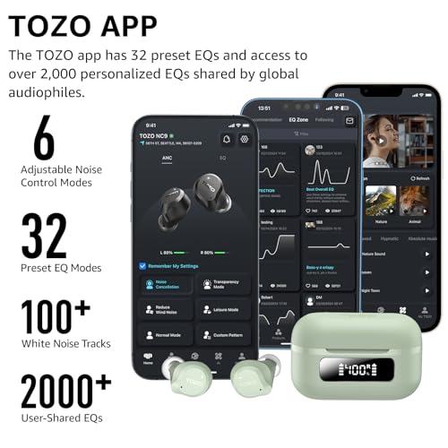 TOZO NC9 Hybrid Active Noise Cancelling Wireless Earbuds, 60H, LED Display | 6 Mic ENC Clear Calls, Deep Bass Sound, IPX8 Waterproof, in Ear Bluetooth 5.3 Headphones,32 EQs via APP, Comfort Fit Ear Buds - color: Sage Green